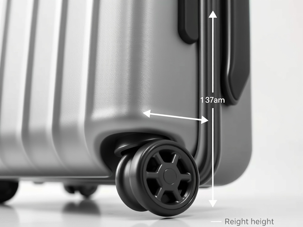 캐리어의 바퀴와 손잡이 부분을 클로즈업하여 전체 높이 측정의 중요성을 강조하는 이미지