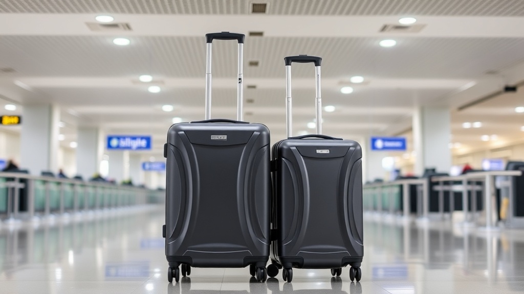 공항 체크인 카운터 앞에 나란히 놓인 24인치 중형 캐리어와 28인치 대형 캐리어의 크기 비교 모습